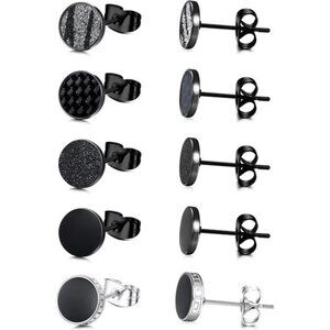 Black Round Stud Earrings Set for Men Women 316L Surgical Stainless Steel Matte